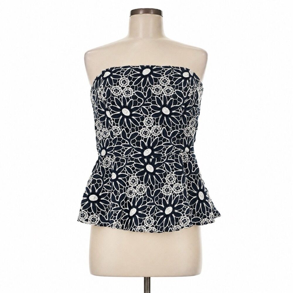 Worth New York Size 8 NWT Strapless Floral Lace Peplum Top Navy Ivory